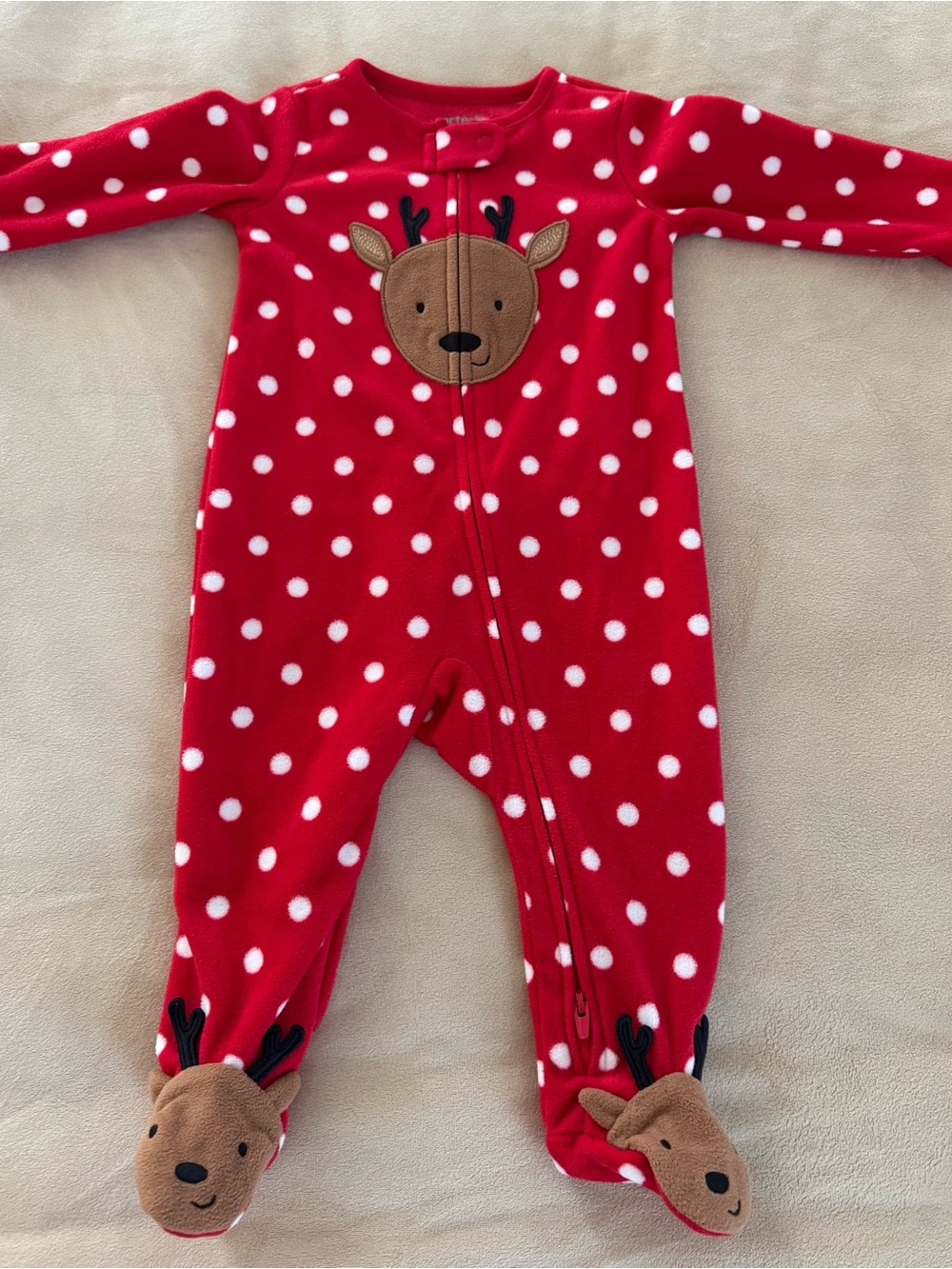 Carter's Red and White Polka Dot Reindeer Fleece Footie